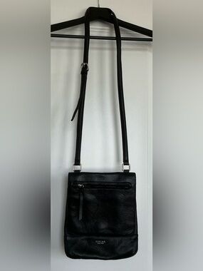 Perlina New York Black Pebbled Leather Crossbody Bag Flap Purse Organizer